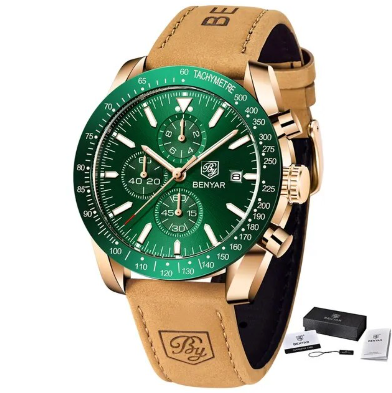 Herren-Chronograph mit Datum und Tachometer – Lederarmbanduhr, 45 mm