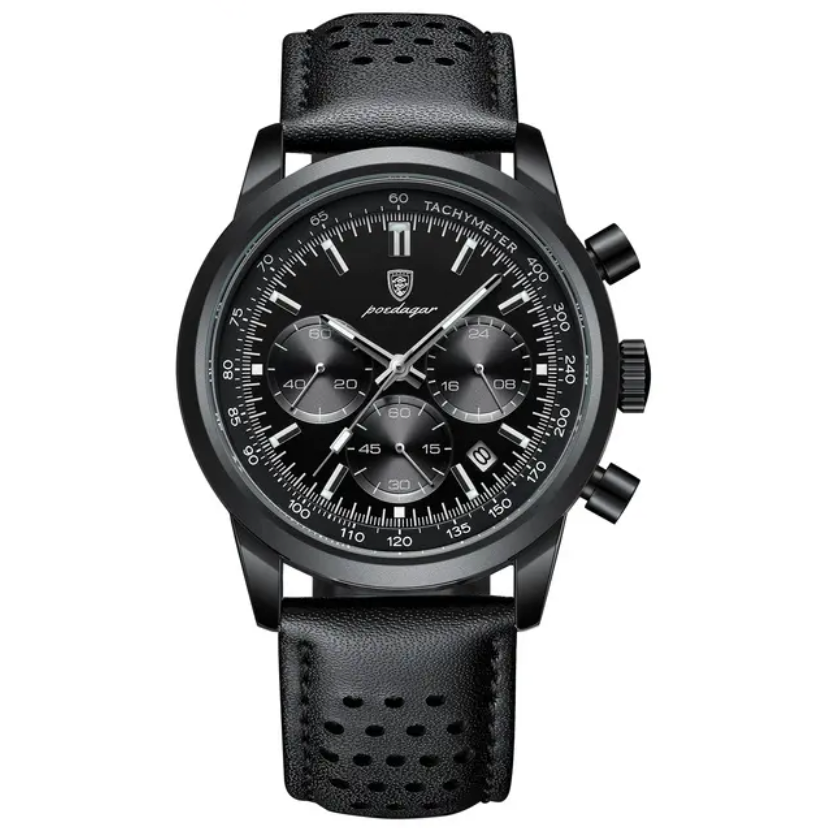 Herren-Chronograph mit Datum und Tachometer – Lederarmbanduhr, 41 mm