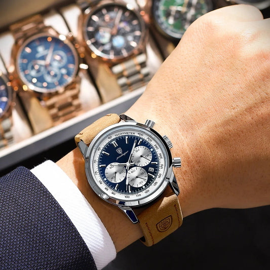 Herren-Chronograph mit Datum und Tachometer – Lederarmbanduhr, 41 mm