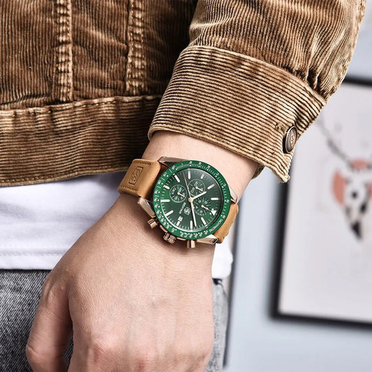 Herren-Chronograph mit Datum und Tachometer – Lederarmbanduhr, 45 mm