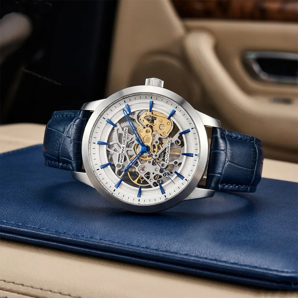 PAGANI DESIGN 1638 Herrenuhr Automatik Skeleton – Luxus Sportuhr mit Lederarmband, mechanisch