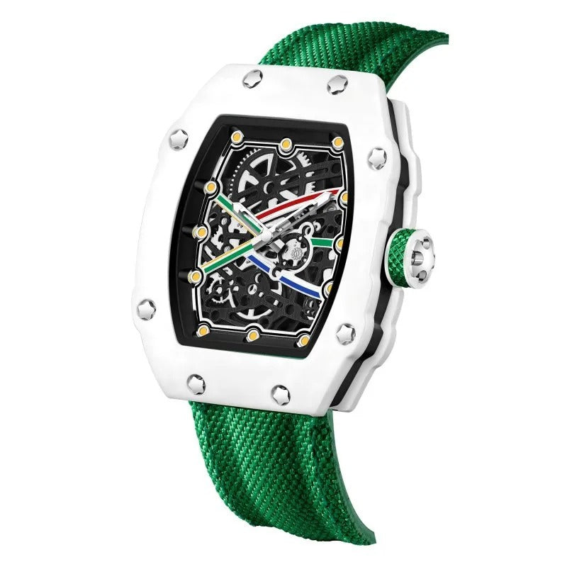 Ultradünne Tonneau-Quarzuhr für Herren – Trend-Skelett-Dial mit Nylonarmband
