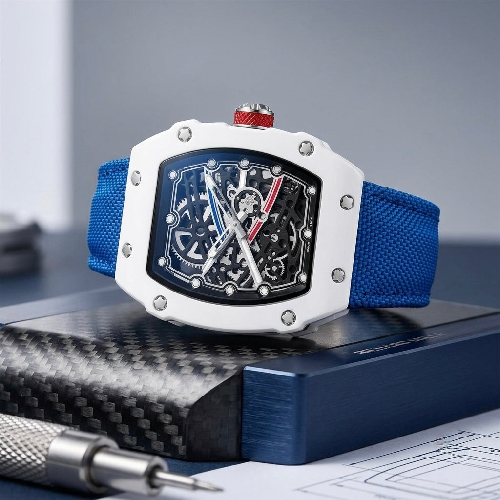 Tonneau Quarzuhr Skelett | Nylonarmband