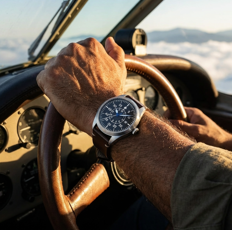 Flieger Automatikuhr Lederarmband | Miyota 8215 | Pilotenuhr Datum | Saphirglas 40mm