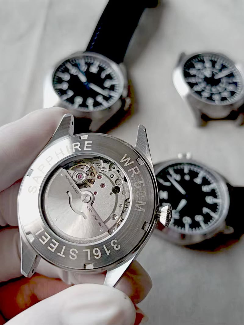 Flieger Automatikuhr Lederarmband | Miyota 8215 | Pilotenuhr Datum | Saphirglas 40mm