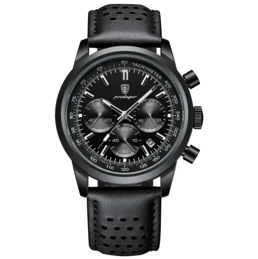 Leder Armbanduhr mit Datum, Tachometer und Chronograph 41 mm