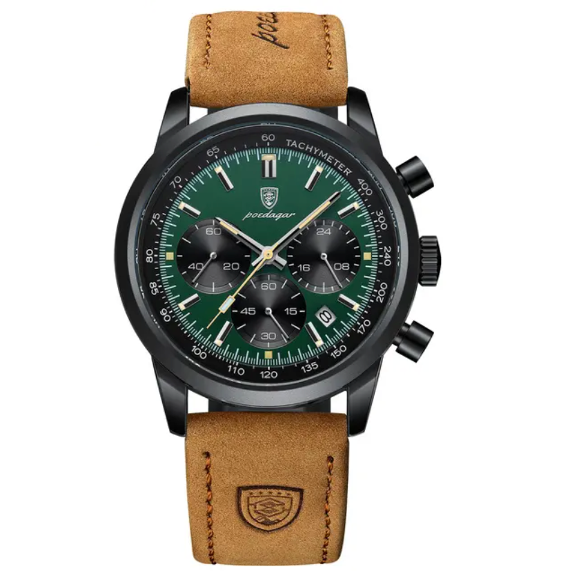 Leder Armbanduhr mit Datum, Tachometer und Chronograph 41 mm