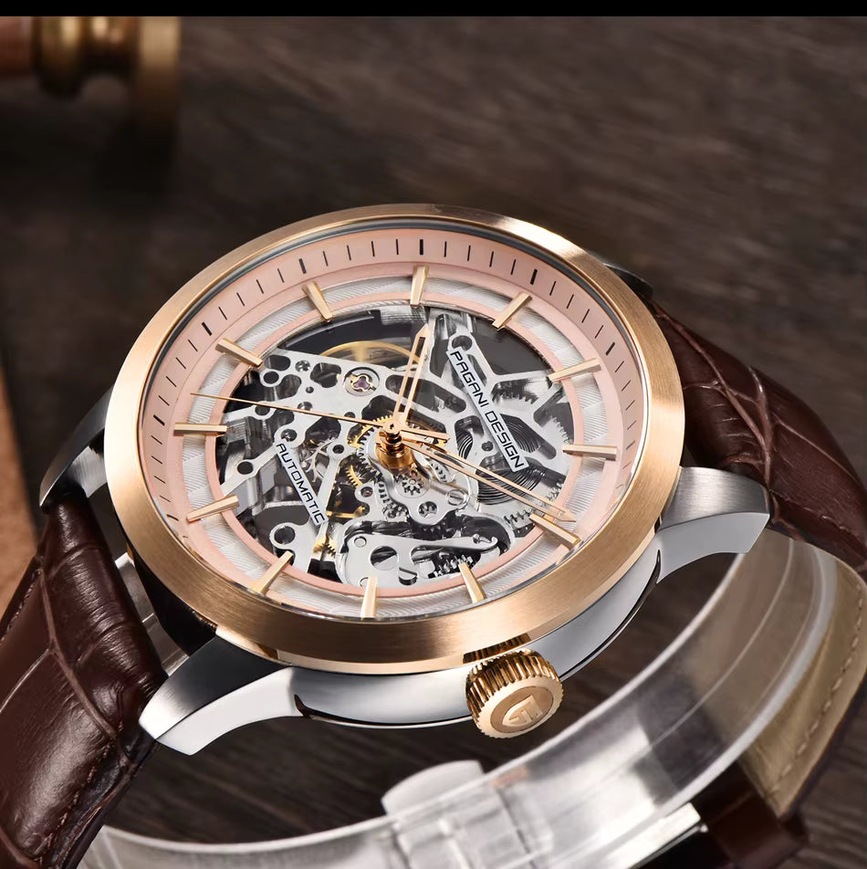 PAGANI DESIGN 1638 Herrenuhr Automatik Skeleton – Luxus Sportuhr mit Lederarmband, mechanisch