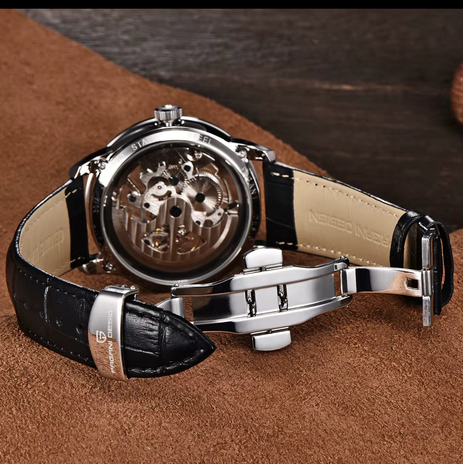 PAGANI DESIGN 1638 Herrenuhr Automatik Skeleton – Luxus Sportuhr mit Lederarmband, mechanisch