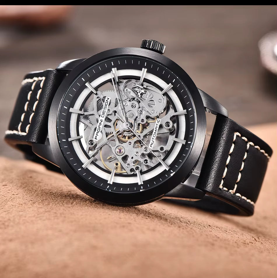 PAGANI DESIGN 1638 Herrenuhr Automatik Skeleton – Luxus Sportuhr mit Lederarmband, mechanisch