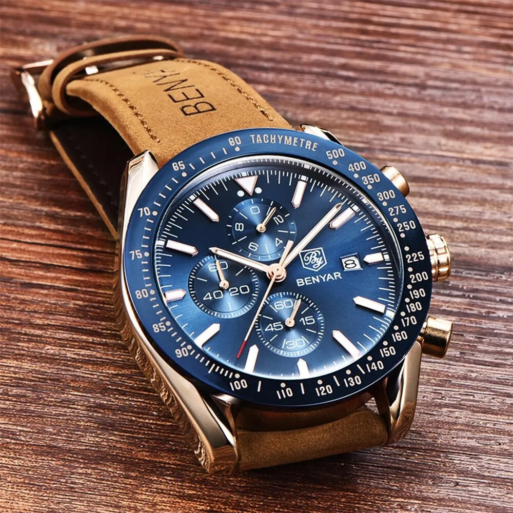 Leder Armbanduhr mit Datum, Chronograph und Tachometer 45 mm