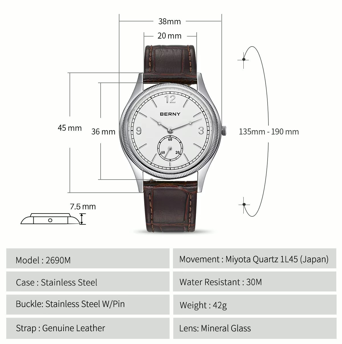 Klassik Herrenuhr – Elegante Quarzuhr mit Lederarmband | 7,5 mm dünn
