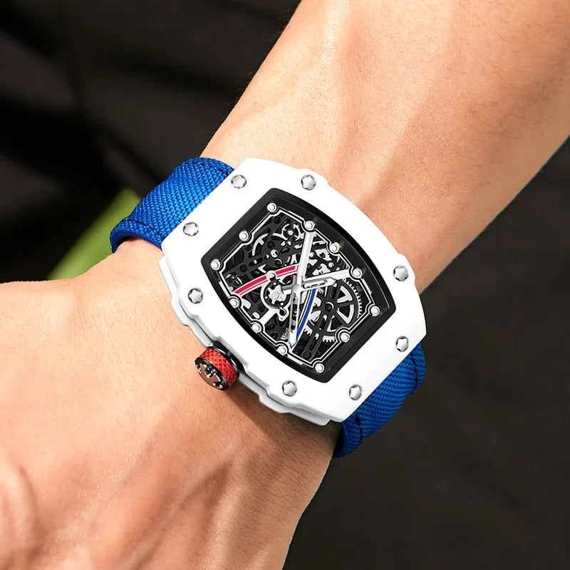 Ultradünne Tonneau-Quarzuhr für Herren – Trend-Skelett-Dial mit Nylonarmband