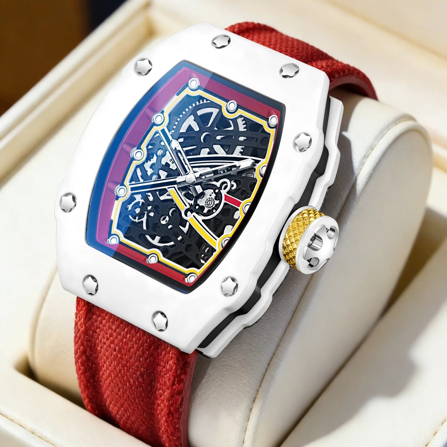 Ultradünne Tonneau-Quarzuhr für Herren – Trend-Skelett-Dial mit Nylonarmband