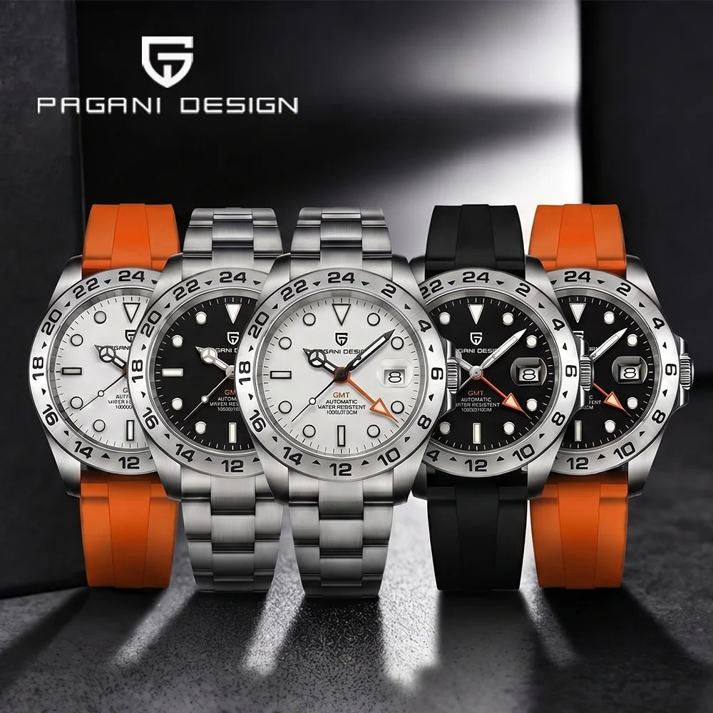 Herrenuhr Automatik GMT Miyota | 24h-Lünette Saphirglas 42mm | Silber Schwarz