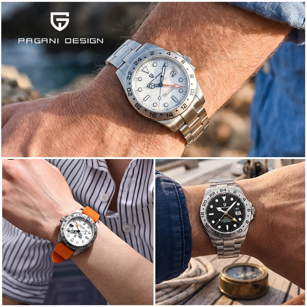 Herrenuhr Automatik GMT Miyota | 24h-Lünette Saphirglas 42mm | Silber Schwarz