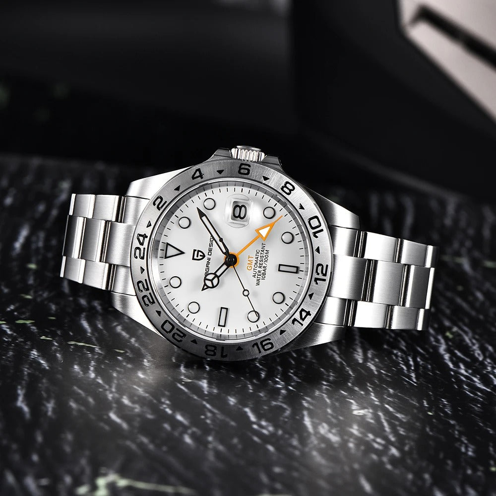 Herrenuhr Automatik GMT Miyota | 24h-Lünette Saphirglas 42mm | Silber Schwarz