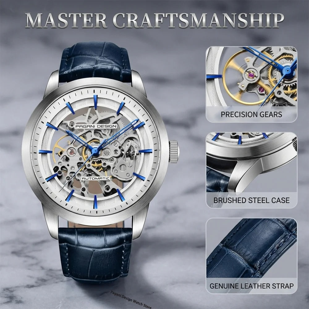 PAGANI DESIGN 1638 Herrenuhr Automatik Skeleton – Luxus Sportuhr mit Lederarmband, mechanisch