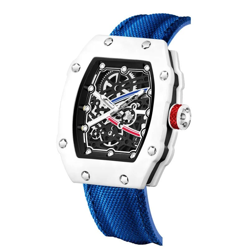 Ultradünne Tonneau-Quarzuhr für Herren – Trend-Skelett-Dial mit Nylonarmband