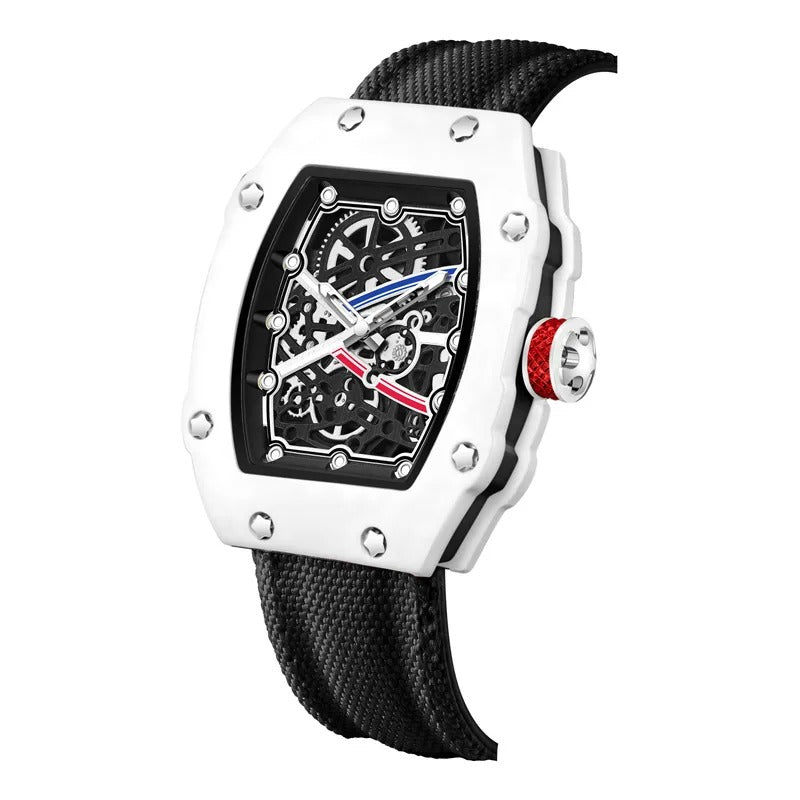 Ultradünne Tonneau-Quarzuhr für Herren – Trend-Skelett-Dial mit Nylonarmband