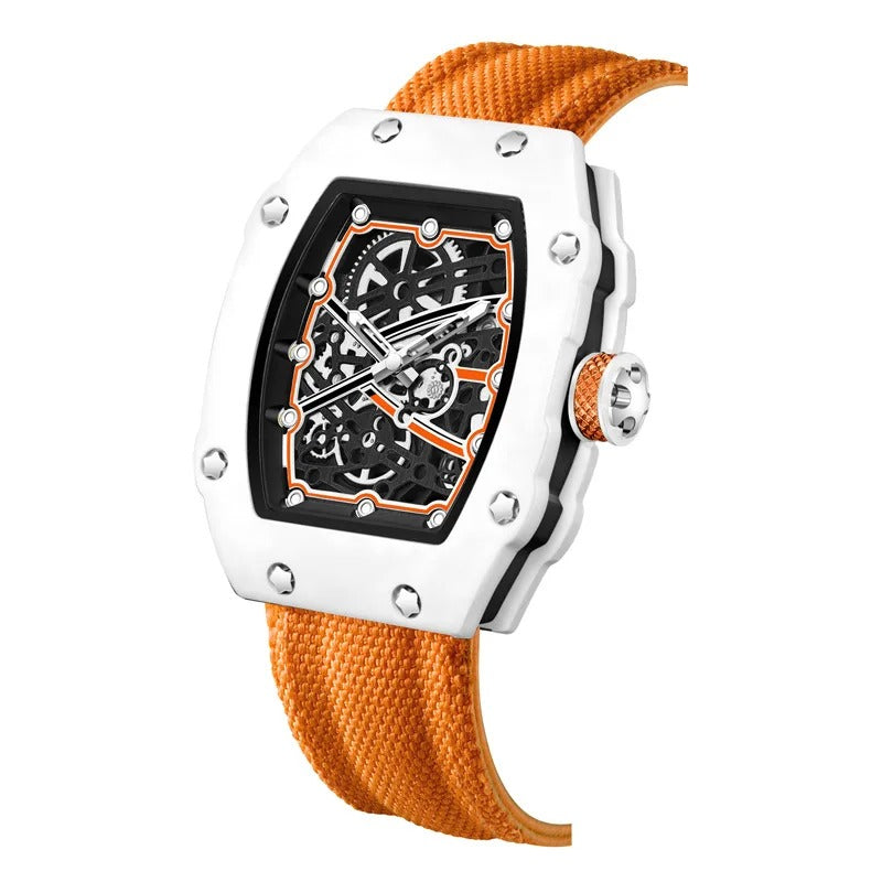 Ultradünne Tonneau-Quarzuhr für Herren – Trend-Skelett-Dial mit Nylonarmband