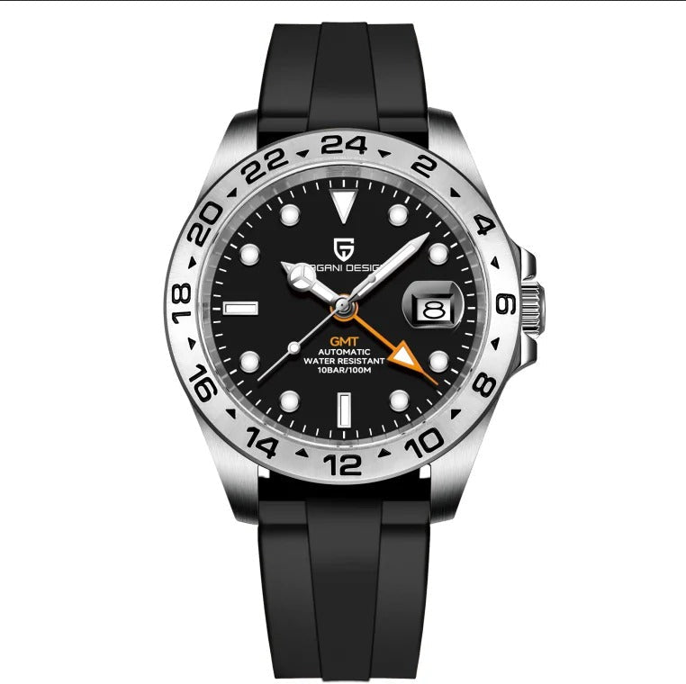 Herrenuhr Automatik GMT Miyota | 24h-Lünette Saphirglas 42mm | Silber Schwarz