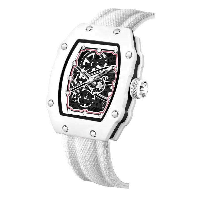 Ultradünne Tonneau-Quarzuhr für Herren – Trend-Skelett-Dial mit Nylonarmband