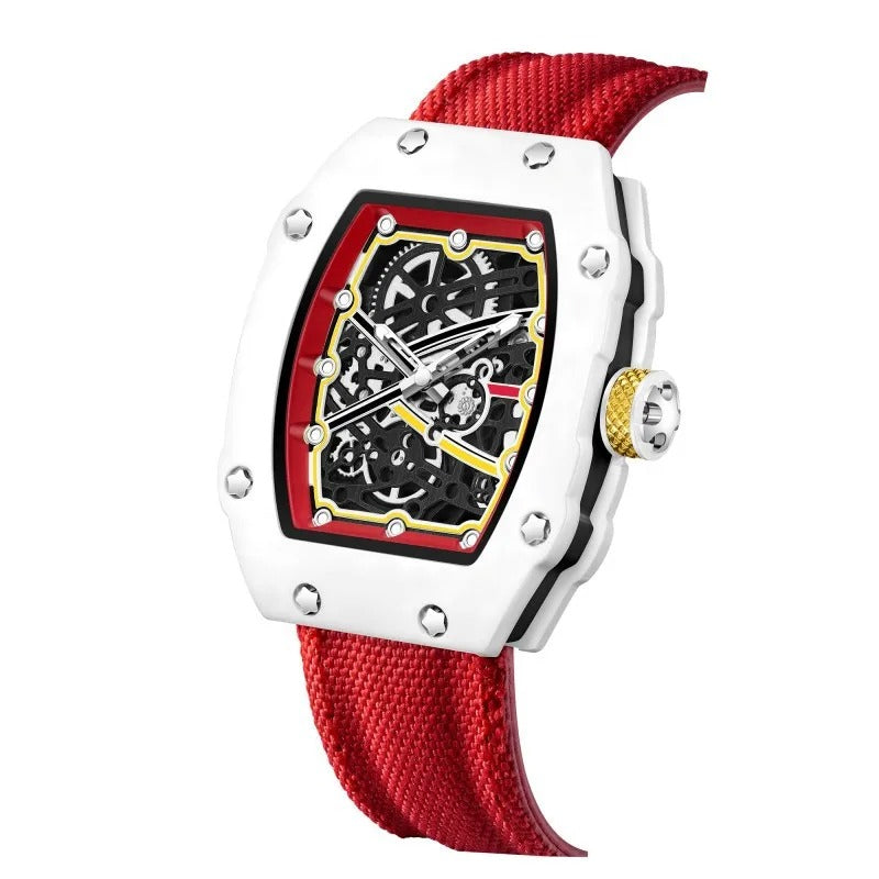 Ultradünne Tonneau-Quarzuhr für Herren – Trend-Skelett-Dial mit Nylonarmband