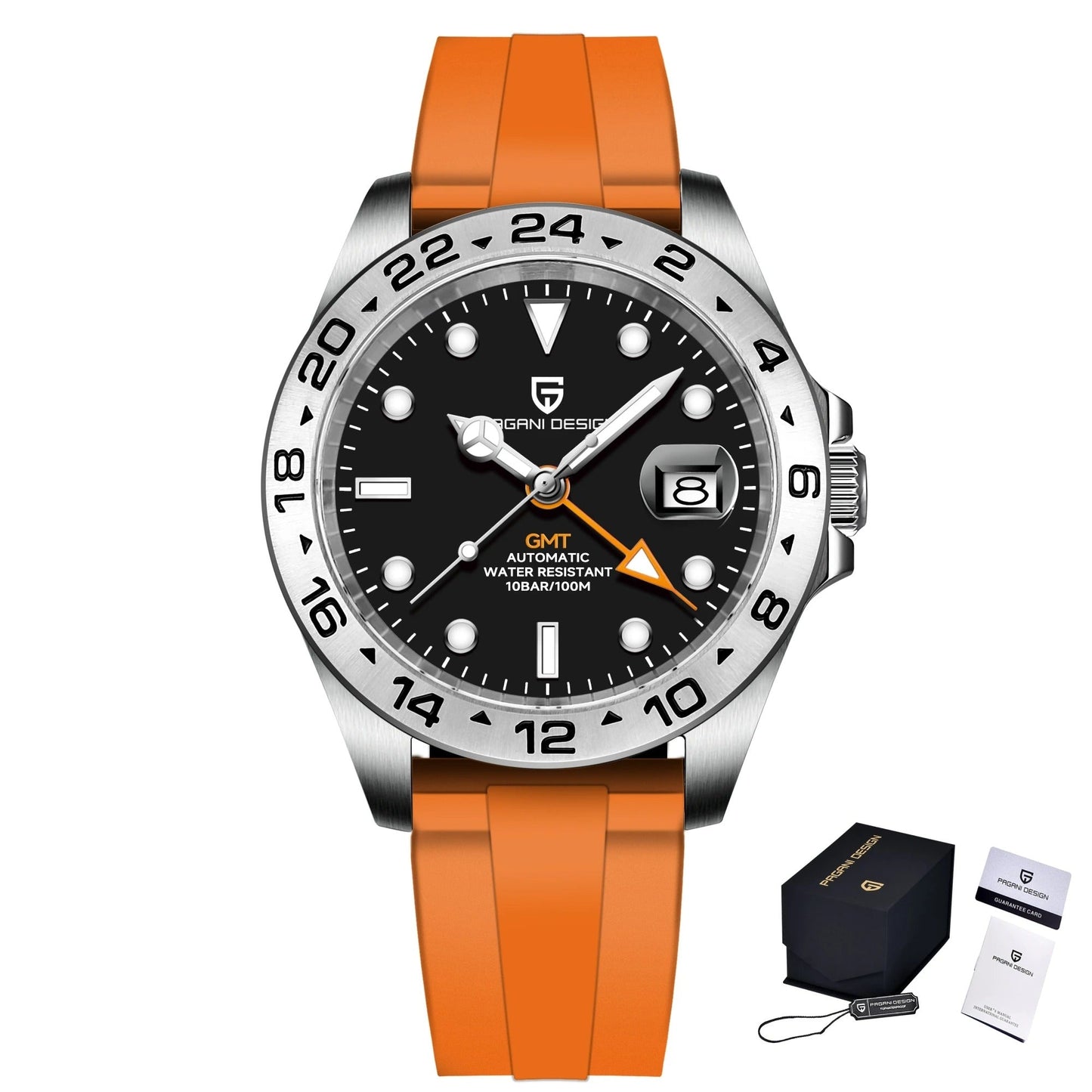 Herrenuhr Automatik GMT Miyota | 24h-Lünette Saphirglas 42mm | Silber Schwarz