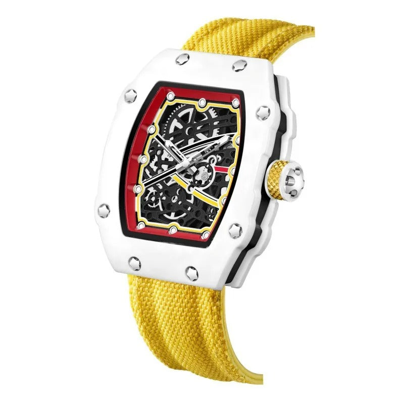 Ultradünne Tonneau-Quarzuhr für Herren – Trend-Skelett-Dial mit Nylonarmband