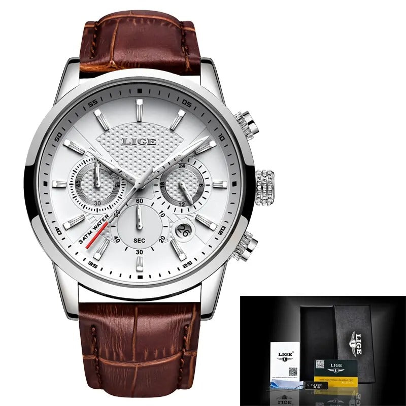 Leder Armbanduhr mit Datum und Chronograph 42 mm